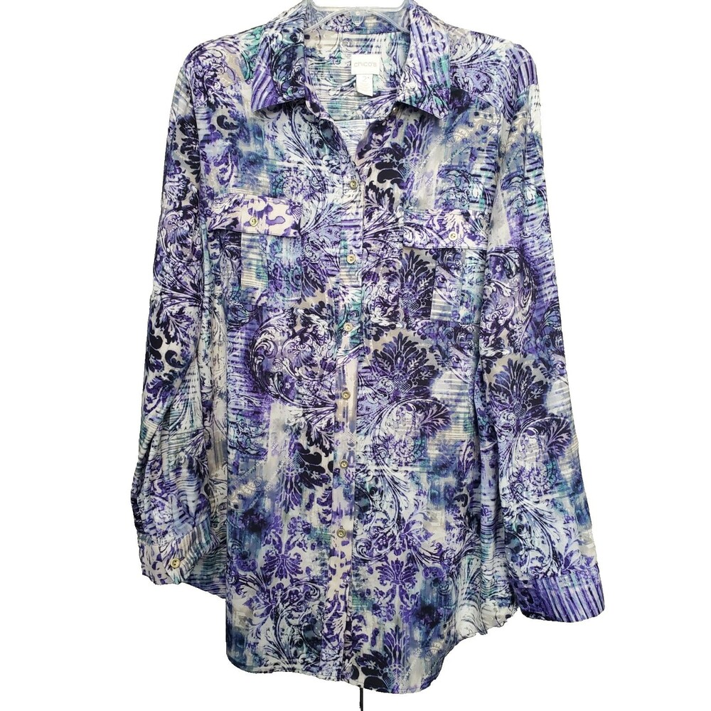 Chico's Divine Damask Athens Mixed Print Long Sleeve Button-Up Tunic Size 2 LGE